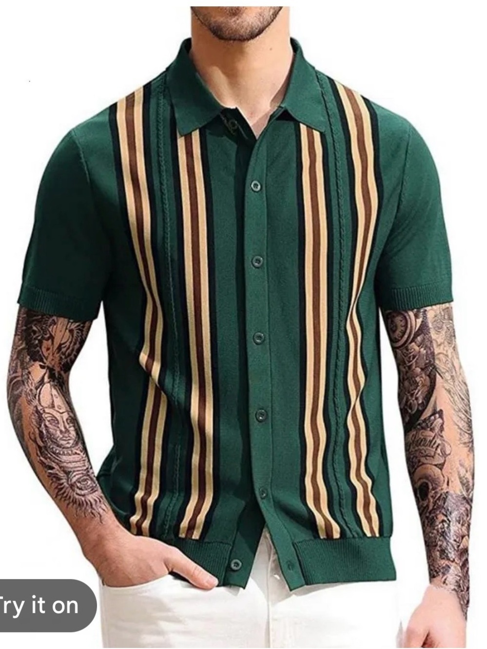 Men's Dark Green Short-Sleeve Button Polo with Tan & Cream Stripes 0362